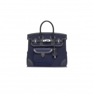 HERMES MASTER BIRKIN 25 NAVY BLUE CANVAS SILVER BUCKLE UNISEX BAG MSBK3418810 (25*20*13cm)